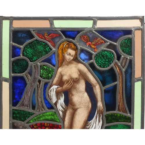 550 - Set of four late 19th/early 20th leaded stained glass windows, each hand painted in the Pre-Raphaeli... 