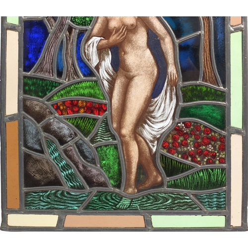 550 - Set of four late 19th/early 20th leaded stained glass windows, each hand painted in the Pre-Raphaeli... 