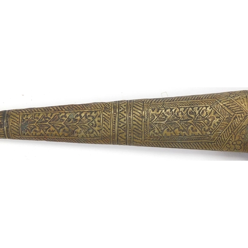 493 - Middle Eastern dagger with sheath and ivory grip, the sheath engraved with panels of flowers, 42cm i... 