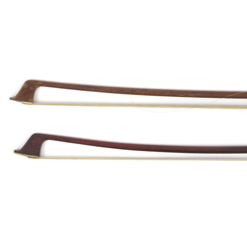 142 - Two old wooden cello bows, one stamped Rich Steiner, the largest 59cm in length