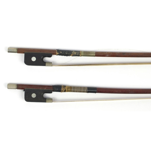 142 - Two old wooden cello bows, one stamped Rich Steiner, the largest 59cm in length