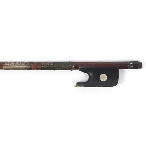 140 - Old wooden violin bow named Bazin with mother of pearl frog 71cm in length