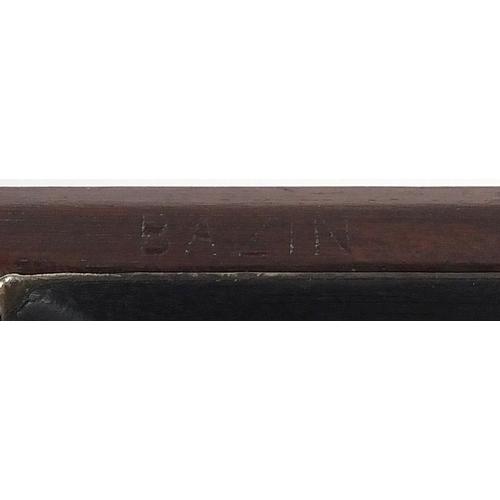 140 - Old wooden violin bow named Bazin with mother of pearl frog 71cm in length