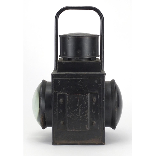 154 - Black painted railway lantern with Sherwood ceramic burner and square body, 35cm high