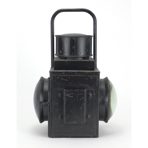 154 - Black painted railway lantern with Sherwood ceramic burner and square body, 35cm high