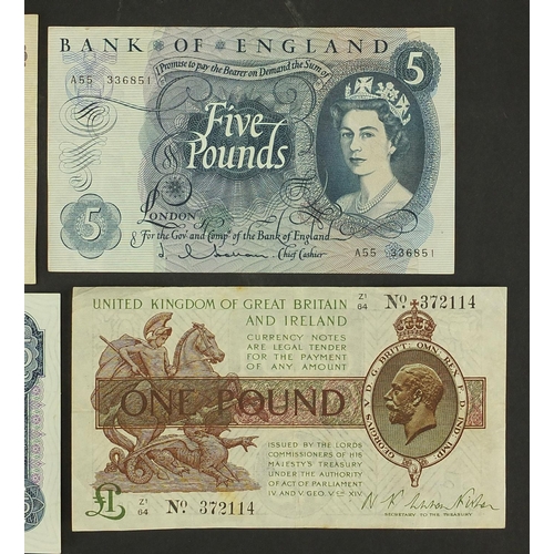 240 - Four British banknotes comprising Treasury one pound, ten pound and two five pound notes, various ca... 