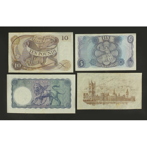 240 - Four British banknotes comprising Treasury one pound, ten pound and two five pound notes, various ca... 