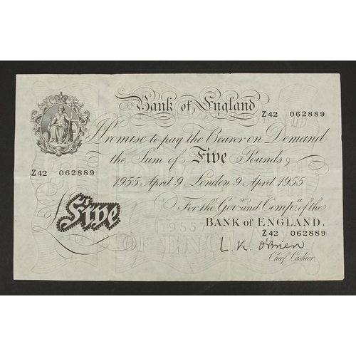239 - Bank of England O'Brien white five pound note, dated April 9th 1955, serial number Z42062889
