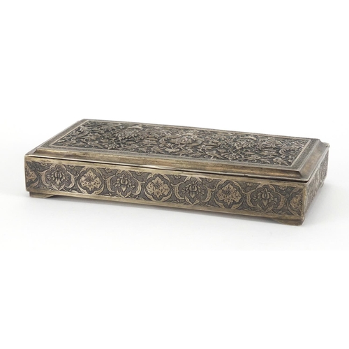 466 - Rectangular Persian silver box, the hinged lid embossed with birds and foliate motifs, impressed mar... 