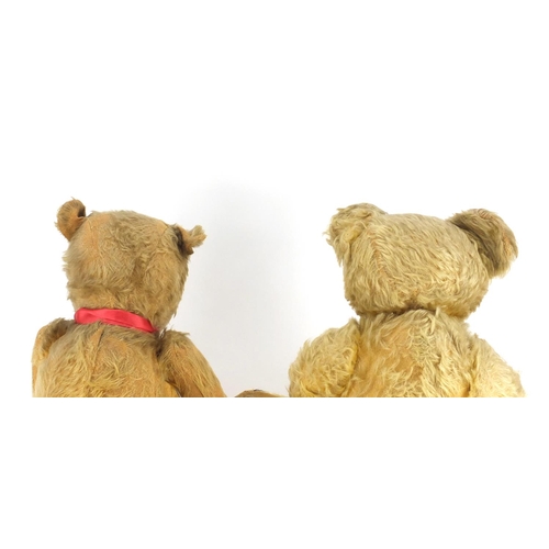 334 - Two vintage golden teddy bear's, one straw filled, both with jointed limbs and beaded eyes, the larg... 