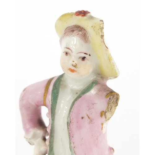 508 - Two 18th century hand painted porcelain figures, one with paper label inscribed Dahl-Höchst to the b... 