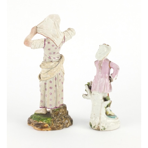 508 - Two 18th century hand painted porcelain figures, one with paper label inscribed Dahl-Höchst to the b... 