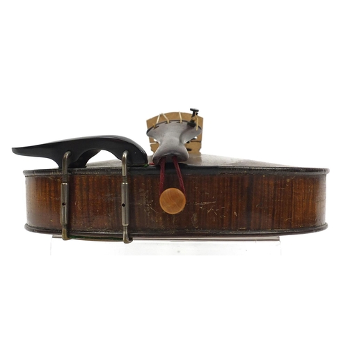 130 - Old wooden violin with one piece back, bow and fitted carrying case, the violin bearing a Renia pape... 