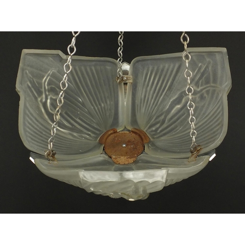 551 - Art Deco chrome and glass erotic plafonnier, each frosted panel moulded in relief with a nude female... 