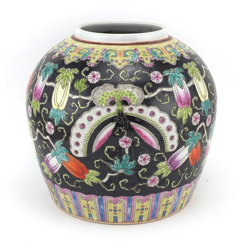 359 - Chinese porcelain ginger jar, hand painted in the famille noir palette with insects and fruit, 21.5c... 