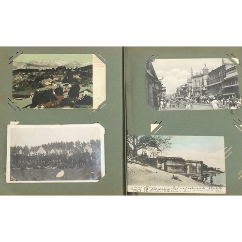 196 - Mostly Military and social history postcards, some black and white photographic, arranged in an albu... 