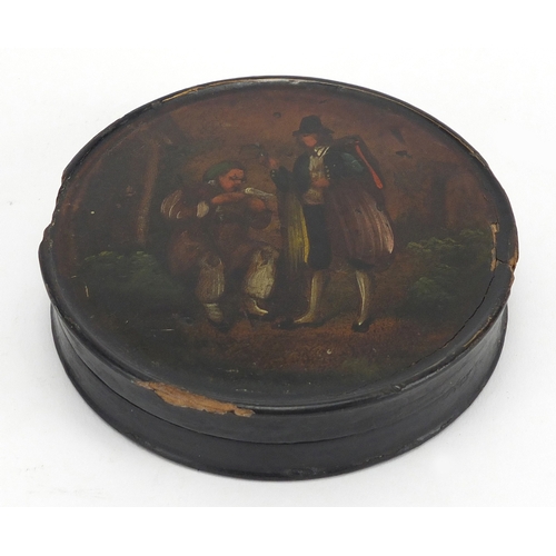 17 - 19th century papier-mâché snuff box, hand painted with two figures, 9cm in diameter