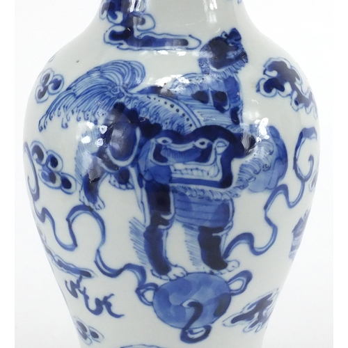 370 - Chinese blue and white porcelain baluster vase, hand painted with Qilin lions amongst clouds, 27cm h... 