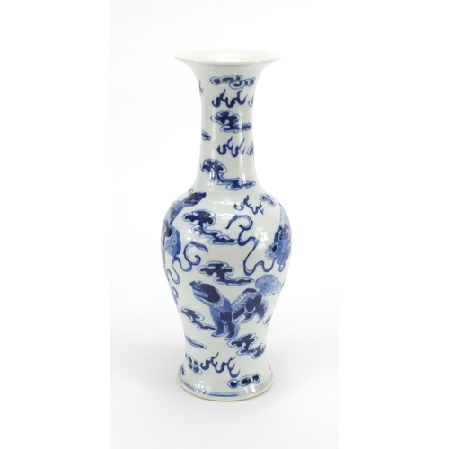 370 - Chinese blue and white porcelain baluster vase, hand painted with Qilin lions amongst clouds, 27cm h... 