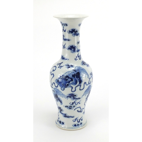 370 - Chinese blue and white porcelain baluster vase, hand painted with Qilin lions amongst clouds, 27cm h... 