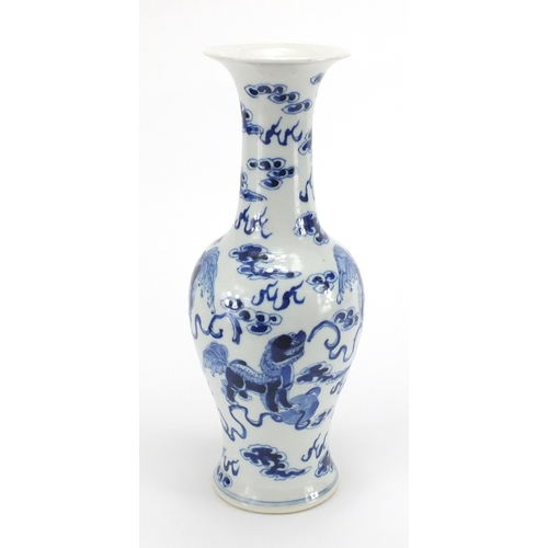 370 - Chinese blue and white porcelain baluster vase, hand painted with Qilin lions amongst clouds, 27cm h... 