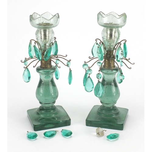 543 - Pair of antique green glass lustres with cut tear glass drops, each 27cm high