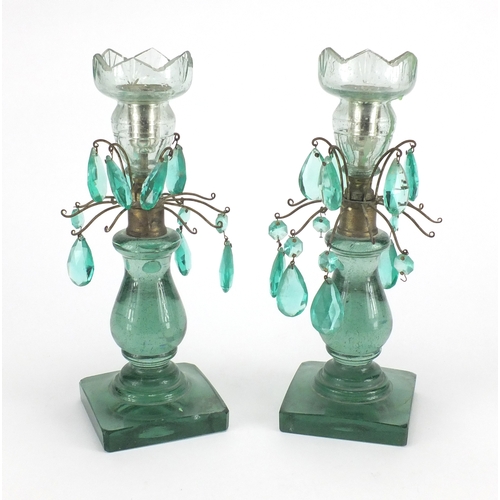 543 - Pair of antique green glass lustres with cut tear glass drops, each 27cm high