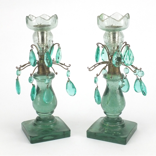 543 - Pair of antique green glass lustres with cut tear glass drops, each 27cm high