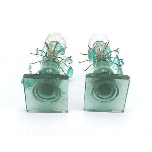 543 - Pair of antique green glass lustres with cut tear glass drops, each 27cm high