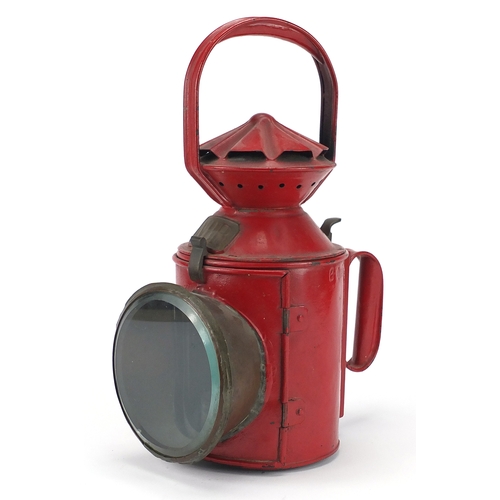 153 - North British Rail red painted railway lantern, with bevelled glass and Sherwood burner impressed LN... 