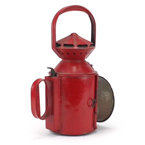 153 - North British Rail red painted railway lantern, with bevelled glass and Sherwood burner impressed LN... 