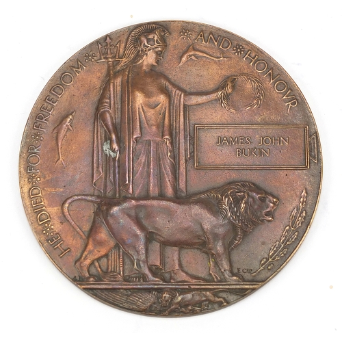 274 - British military World War I Death plaque awarded to JAMES JOHN BUKIN