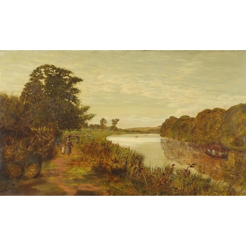 940 - Edwin Day - 19th century oil on canvas, mother and child walking beside a river with boat, mounted a... 