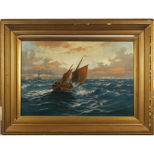 916 - John Hayes - Sailing boat on choppy seas just off the coast, 19th century oil on canvas, mounted and... 