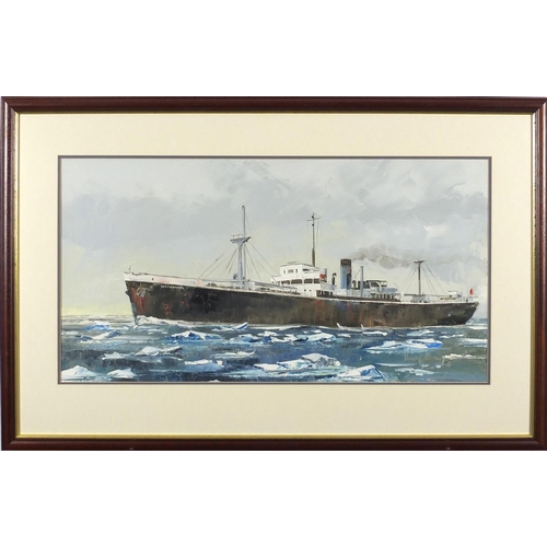 949 - Harley Crossley - Warkworth cargo ship, oil on board, mounted and framed, 74cm x 399cm