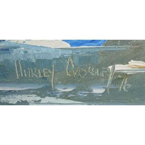 949 - Harley Crossley - Warkworth cargo ship, oil on board, mounted and framed, 74cm x 399cm