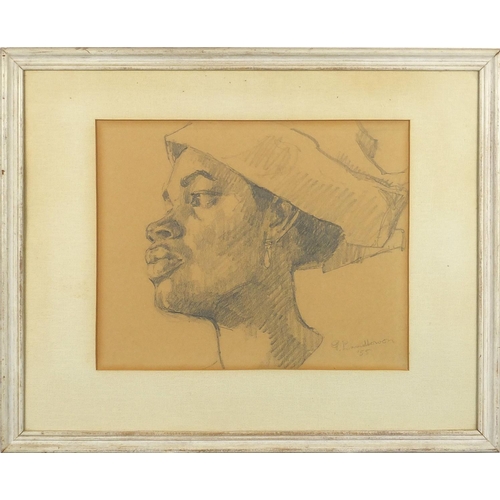 1100 - Portrait of an African man, pencil sketch on paper, bearing  signature Landkwon, mounted and framed,... 