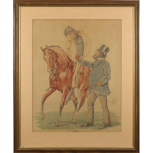 941 - 'Won', Jockey on horseback with trainer, possibly Fred Archer and The Tin Man, 19th century watercol... 