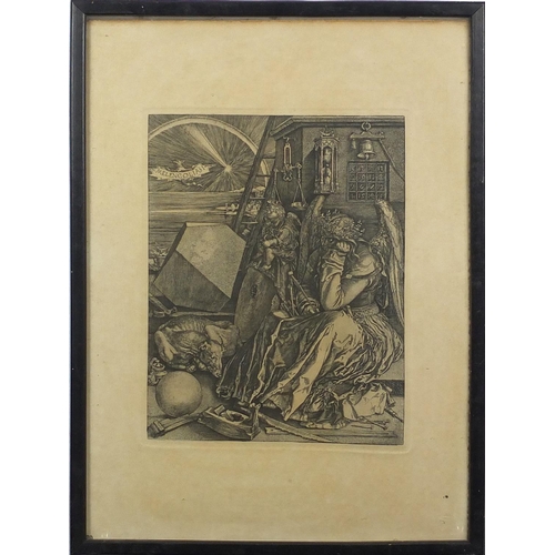 1216 - Melencolia,  black and white etching, with embossed Berlin stamp, framed, 25cm x 19.5cm