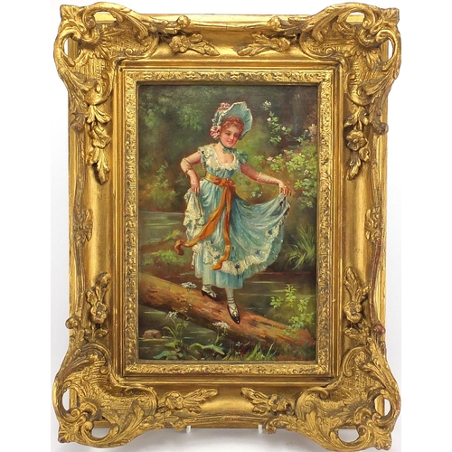 870 - A Glendening 1884 - Young female crossing a river holding her dress, 19th century oil on canvas, fra... 