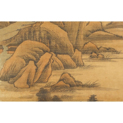 453 - Chinese paper scroll, hand painted with a river landscape, calligraphy and red seal marks, 91cm x 44... 