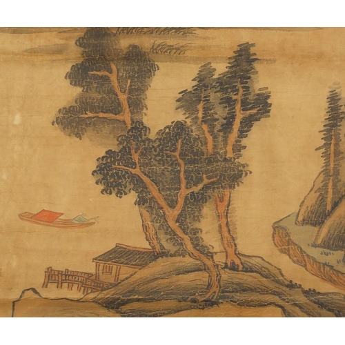 453 - Chinese paper scroll, hand painted with a river landscape, calligraphy and red seal marks, 91cm x 44... 