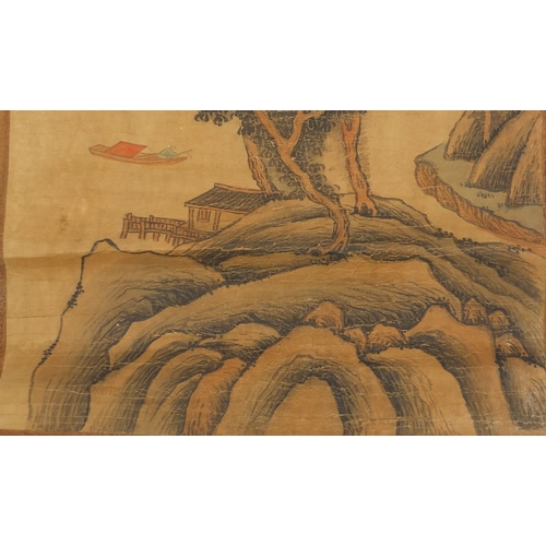 453 - Chinese paper scroll, hand painted with a river landscape, calligraphy and red seal marks, 91cm x 44... 