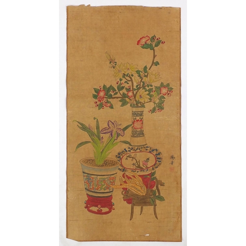 450 - Chinese paper scroll, hand painted with still life vases and flowers, character marks and red seal m... 