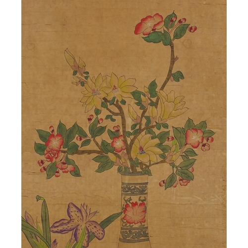 450 - Chinese paper scroll, hand painted with still life vases and flowers, character marks and red seal m... 