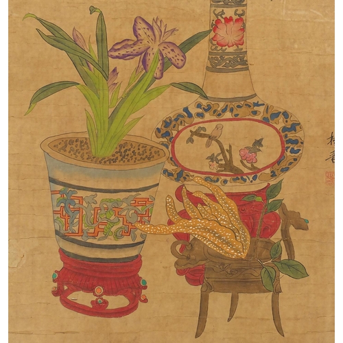 450 - Chinese paper scroll, hand painted with still life vases and flowers, character marks and red seal m... 