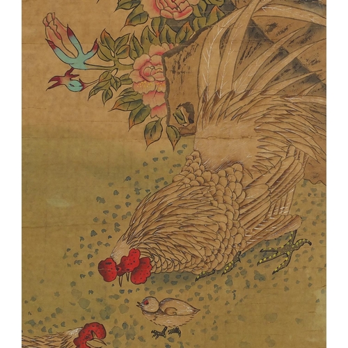 452 - Chinese paper scroll, hand painted with cockerels, chicks, calligraphy and red seal marks, 92cm x 44... 