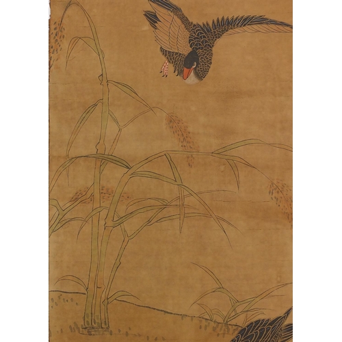 454 - Chinese paper scroll, hand painted with ducks, calligraphy script and red seal marks, 85.5cm x 45cm