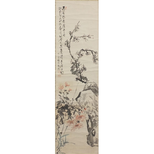 455 - Chinese paper hanging scroll, hand painted with flowers, trees, calligraphy script and red seal mark... 