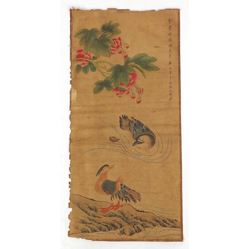 451 - Chinese paper scroll, hand painted with ducks, calligraphy and red seal marks, 94cm x 45